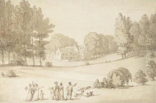 Figures Walking In The Grounds Of A Country House Oil Painting by Thomas Rowlandson