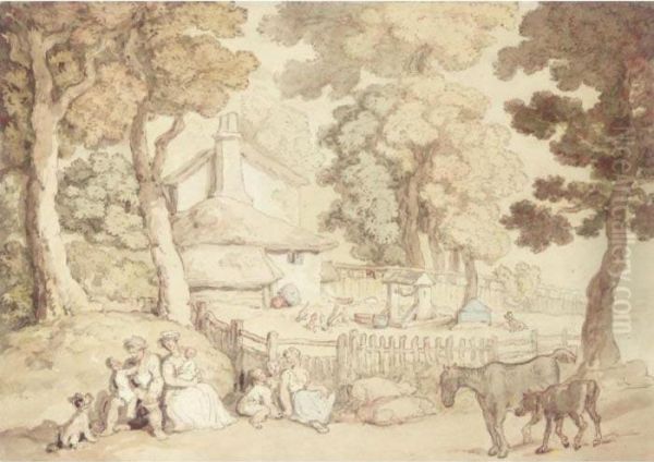 A Family, Horses And Pigs By A Cottage Oil Painting by Thomas Rowlandson