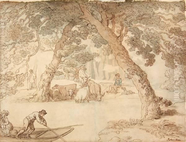 A Tranquil River Scene With A Lady And Her Child In A Punt Oil Painting by Thomas Rowlandson