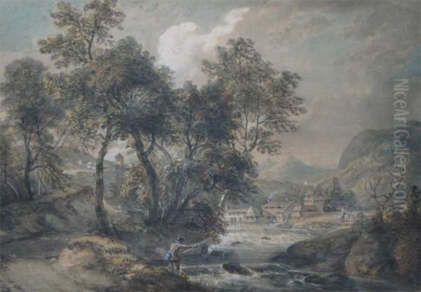 A Fisherman In A River Landscape A Village Beyond Oil Painting by Paul Sandby