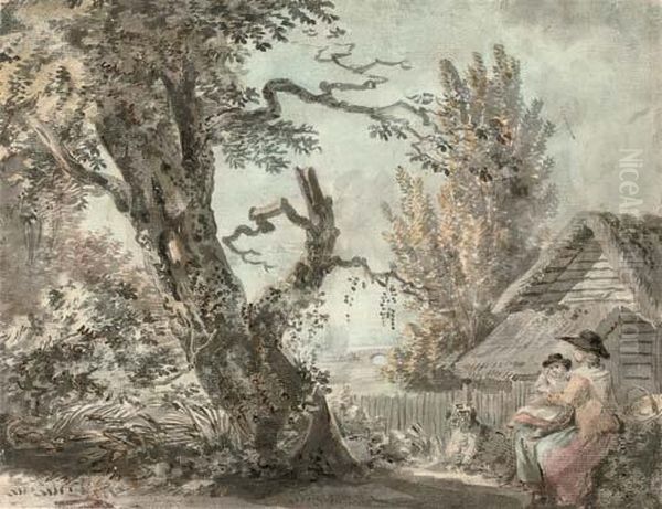 A Mother And Child Seated In A Garden Oil Painting by Paul Sandby