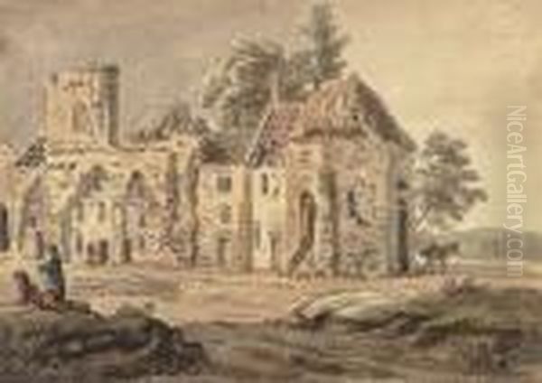 Figures Resting Before A Ruined Manor House Oil Painting by Paul Sandby