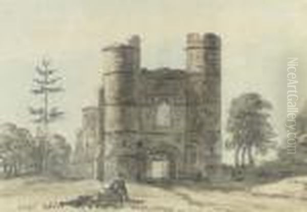 A Figure Before A Ruined Gate Tower Oil Painting by Paul Sandby