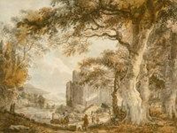 Ra - A Capriccio Landscape With Figures Before A Castle Oil Painting by Paul Sandby