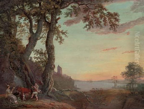 An Extensive Wooded River Landscape With An Amorous Couple Making Music Under A Tree Oil Painting by Paul Sandby