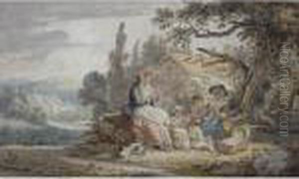 Open Landscape In Wales With Women And Children By A Cottage Oil Painting by Paul Sandby