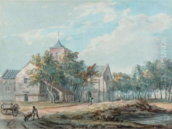 Figures Before A Village Church Oil Painting by Paul Sandby