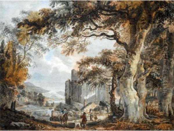 A Capriccio Landscape With Figures Before A Castle Oil Painting by Paul Sandby