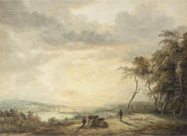 Sunrise With Milkmaid And Cattle Oil Painting by Paul Sandby