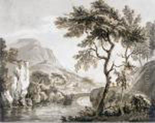 A Bridge Over A River In A Mountainous Landscape Oil Painting by Paul Sandby