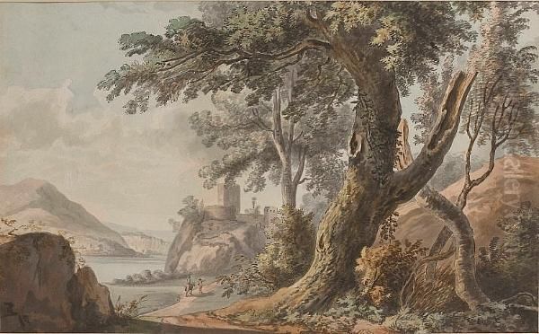 Travellers Approaching A Riverside Castle Oil Painting by Paul Sandby