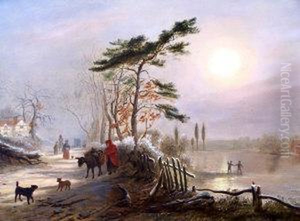 Figures In A Winter River Landscape Oil Painting by Thomas Smythe