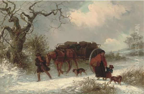 A Carrier With Passengers Parting In A Winter Landscape Oil Painting by Thomas Smythe