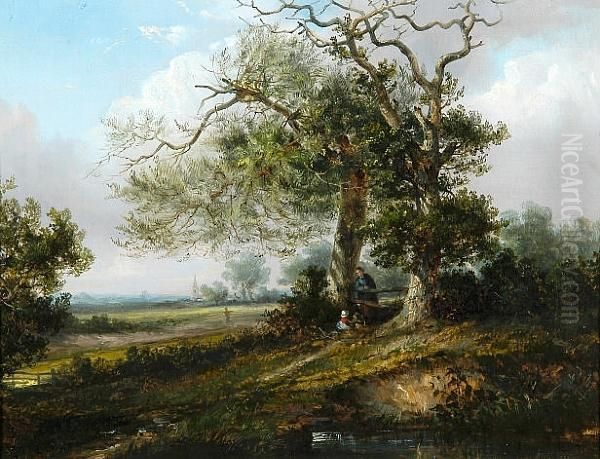 Mother And Children In A Landscape Oil Painting by Thomas Smythe