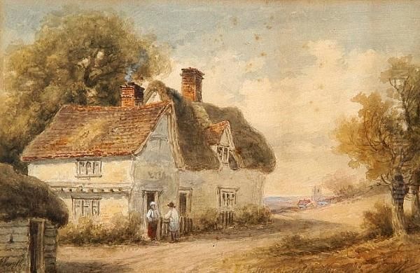 Figures Before A Country Cottage Oil Painting by Thomas Smythe