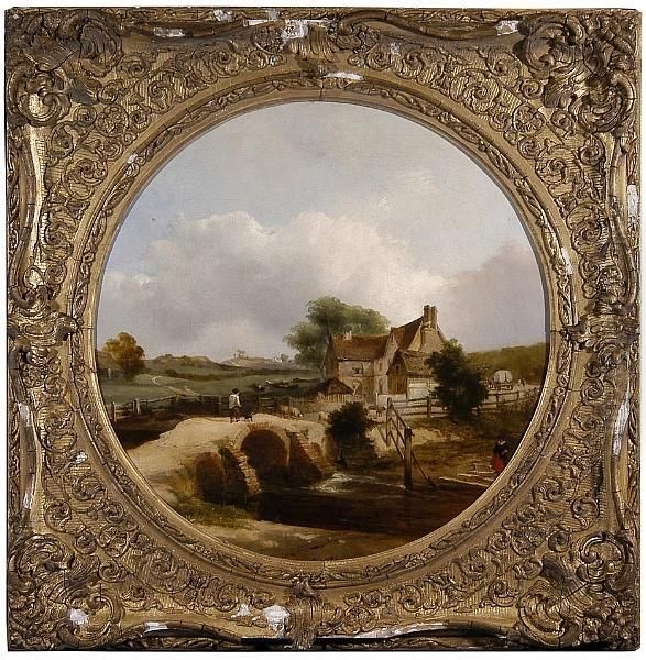 Shepherd And His Dog Crossing A Bridge Oil Painting by Thomas Smythe