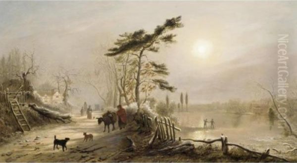 A Winter Village Scene Oil Painting by Thomas Smythe