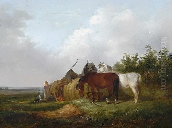 Gipsy Encampment With Two Horses Oil Painting by Thomas Smythe