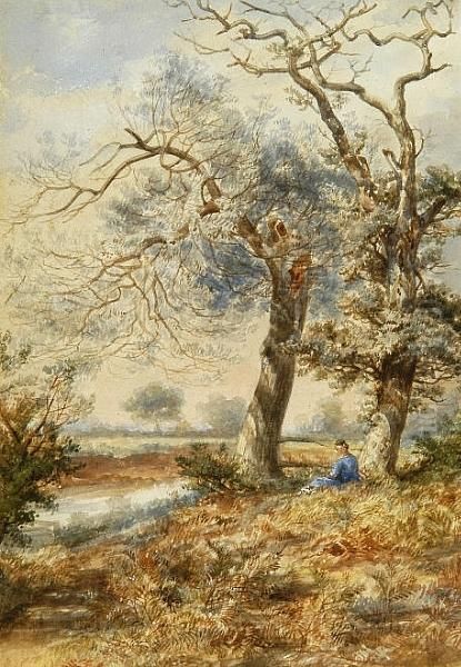 Young Lady Seated By Trees In An Autumn Landscape Oil Painting by Thomas Smythe