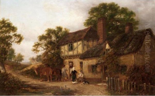 Figures Outside A Cottage Oil Painting by Thomas Smythe