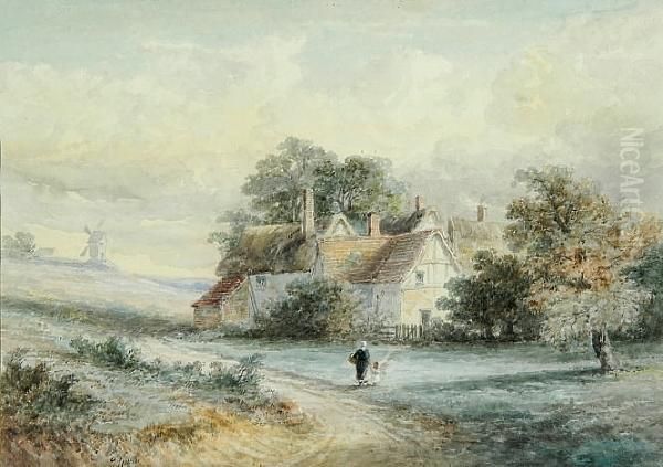 A Mother And Child Outside A Thatched Farmhouse Oil Painting by Thomas Smythe