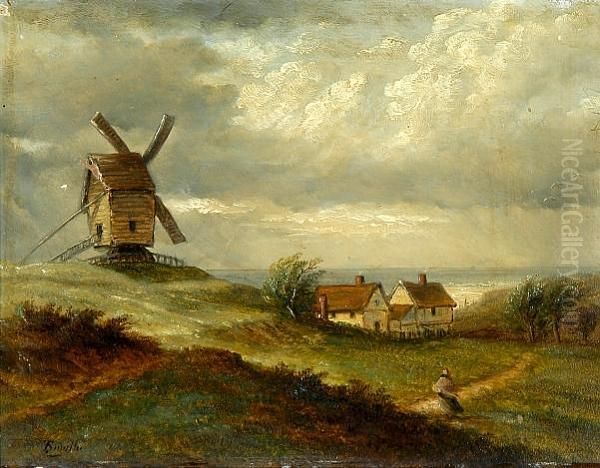 A Windmill And Cottages By The Sea Shore Oil Painting by Thomas Smythe