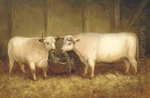 Two Longhorn Cattle By A Manger Oil Painting by Thomas Smythe