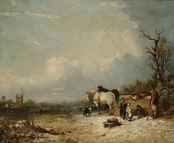 A Family Resting In A Winter Landscape Oil Painting by Thomas Smythe