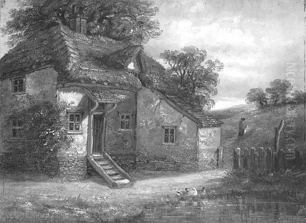 Ducks By The Pond Before A Thatched Cotage Oil Painting by Thomas Smythe