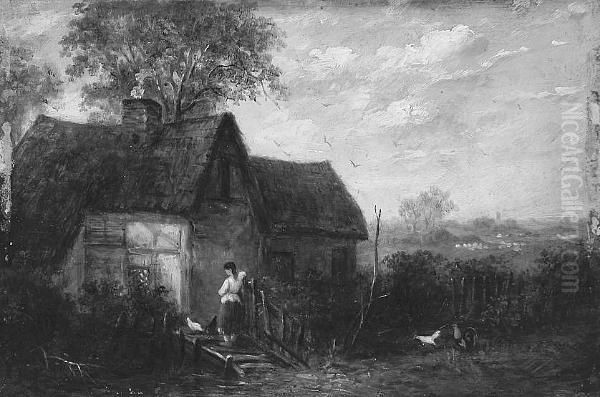 A Figures With Chickens On A Footbridge Before A Thatched Cottage Oil Painting by Thomas Smythe