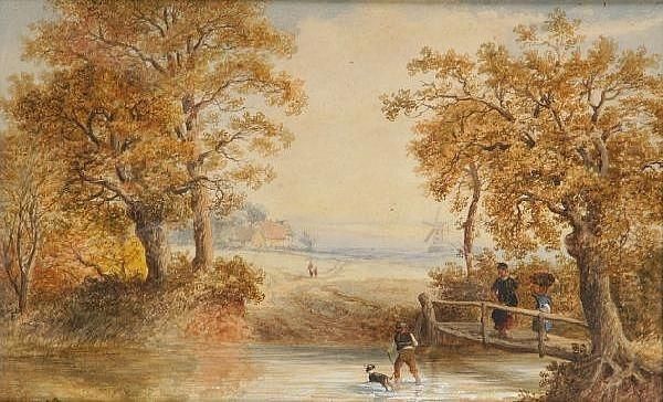 Figures On A Bridge With Windmill Beyond Oil Painting by Thomas Smythe