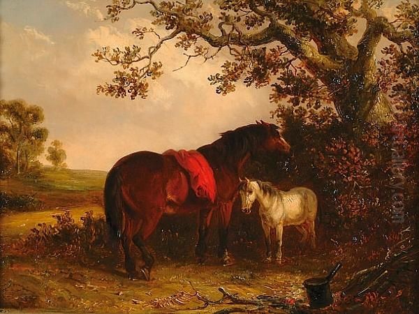 A Mare And Foal Beneath A Tree Oil Painting by Thomas Smythe