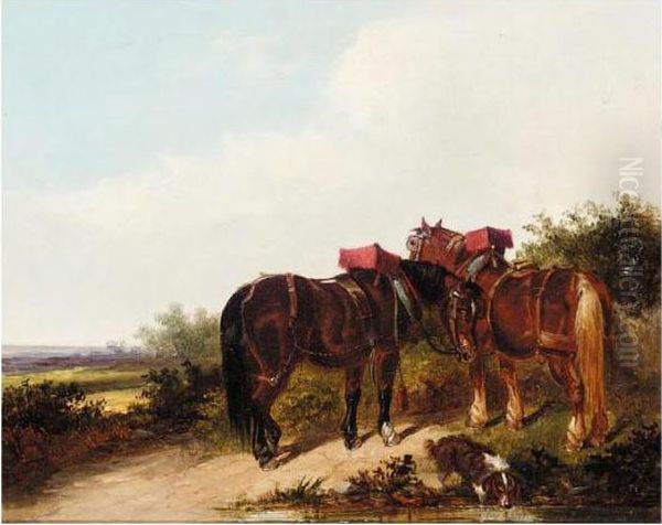 Two Horses And A Dog Oil Painting by Thomas Smythe