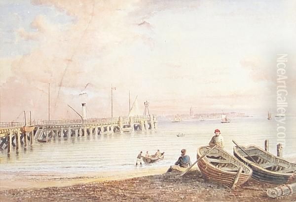 The Old Pier Felixstowe, Looking Towards Harwich, With The Black Dog Steamboat Oil Painting by Thomas Smythe