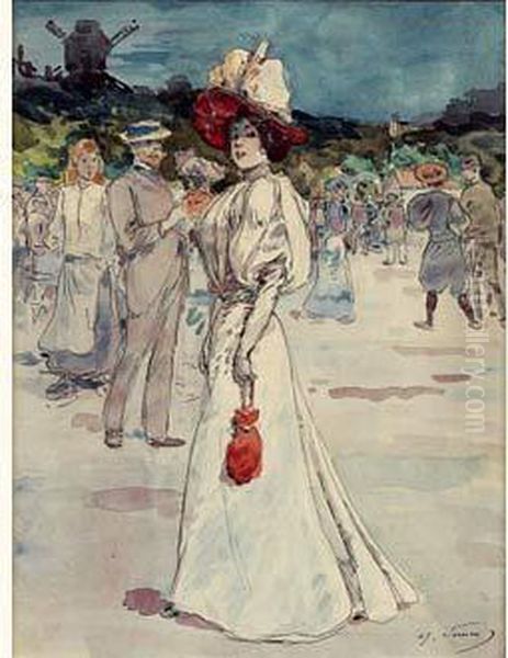 Au Pied Du Moulin, Canotier Et Chapeau Rouge Oil Painting by Henry Somm