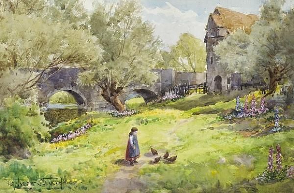 A Girl Feeding Hens; The Mill, A Pair Oil Painting by Henry John Sylvester Stannard