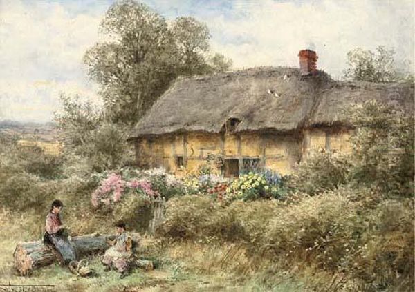 Children Spinning Wool Before A Thatched Cottage Oil Painting by Henry John Sylvester Stannard