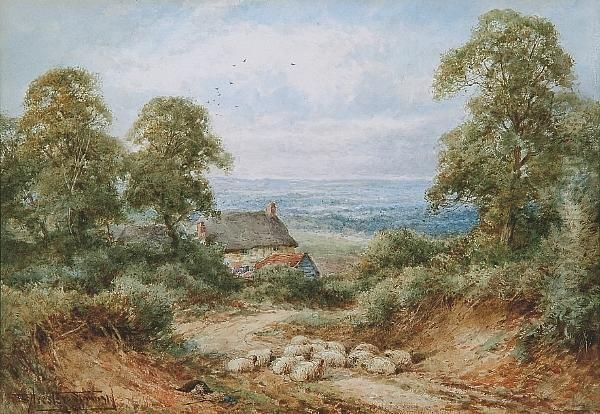 Sheep Resting In A Country Lane With Cottage And Landscape Beyond by Henry John Sylvester Stannard