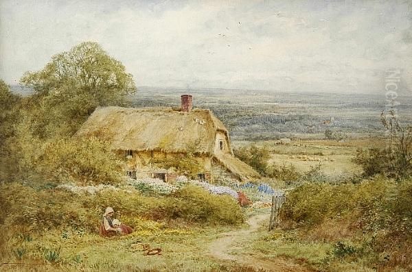 Thatched Cottage With Figures In A Landscape Oil Painting by Henry John Sylvester Stannard