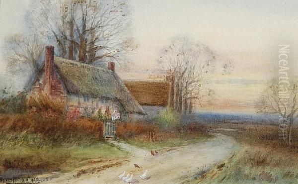 A Mother And Child With Geese Before A Thatched Cottage In Early Autumn Oil Painting by Henry John Sylvester Stannard