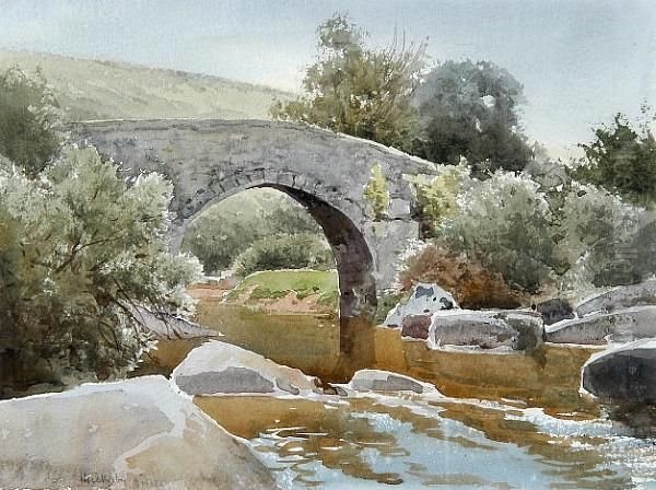 River Landscape With Bridge Oil Painting by Henry John Sylvester Stannard