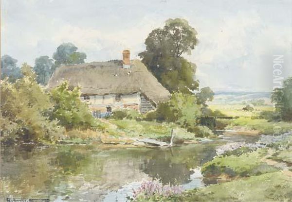 A Thatched Cottage On The River's Edge Oil Painting by Henry John Sylvester Stannard