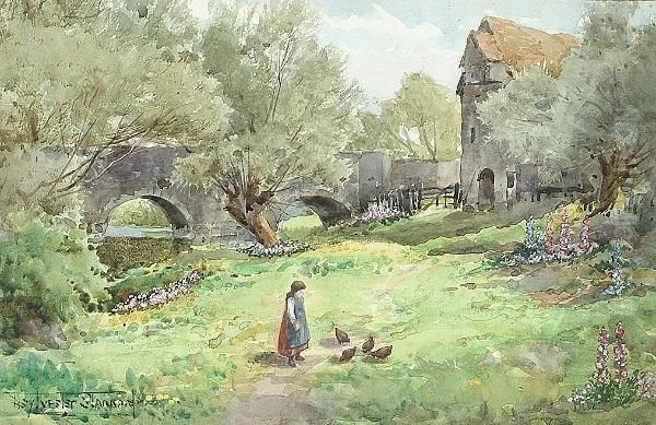 Feeding The Chickens; A Rural Cottage Oil Painting by Henry John Sylvester Stannard