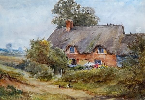 Chickens Feeding In Front Of A Thatched Cottage Oil Painting by Henry John Sylvester Stannard