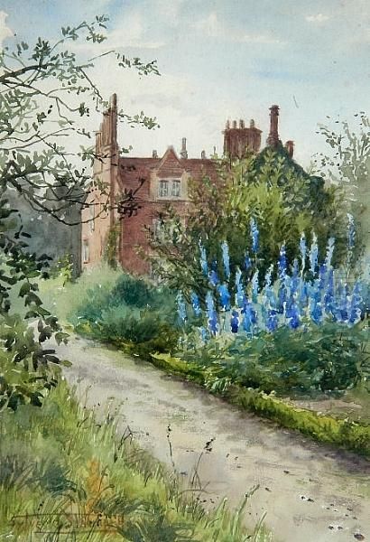 A Norfolk Country House With Blue Delphiniums In The Garden Oil Painting by Henry John Sylvester Stannard