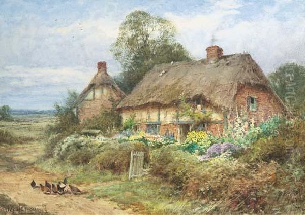 Chickens Before A Thatched Cottage At Harlington,bedfordshire Oil Painting by Henry John Sylvester Stannard