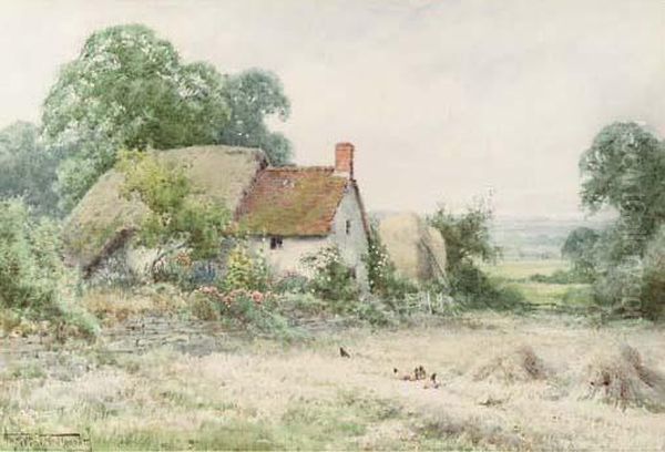 A Thatched Cottage With Chickens In A Rural Landscape Oil Painting by Henry John Sylvester Stannard