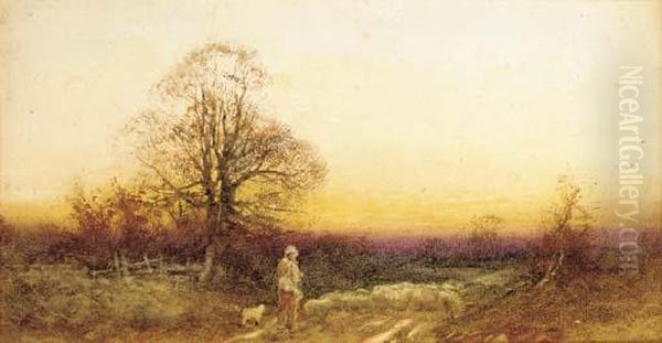 A Shepherd And Sheep On A Country Lane At Sunset Oil Painting by Henry John Sylvester Stannard