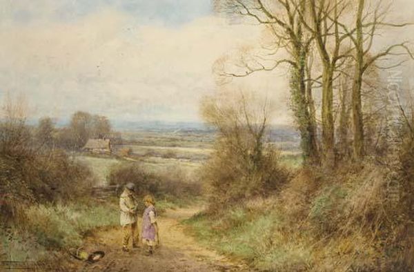 Children Gathering Primroses On A Country Lane Oil Painting by Henry John Sylvester Stannard