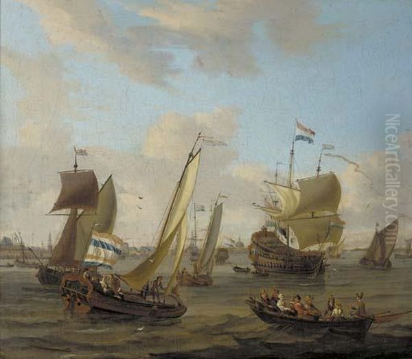 Shipping On The Ij Off Amsterdam With A Smalschip, A Dutch Man-o'-war, And Other Vessels Oil Painting by Abraham Storck